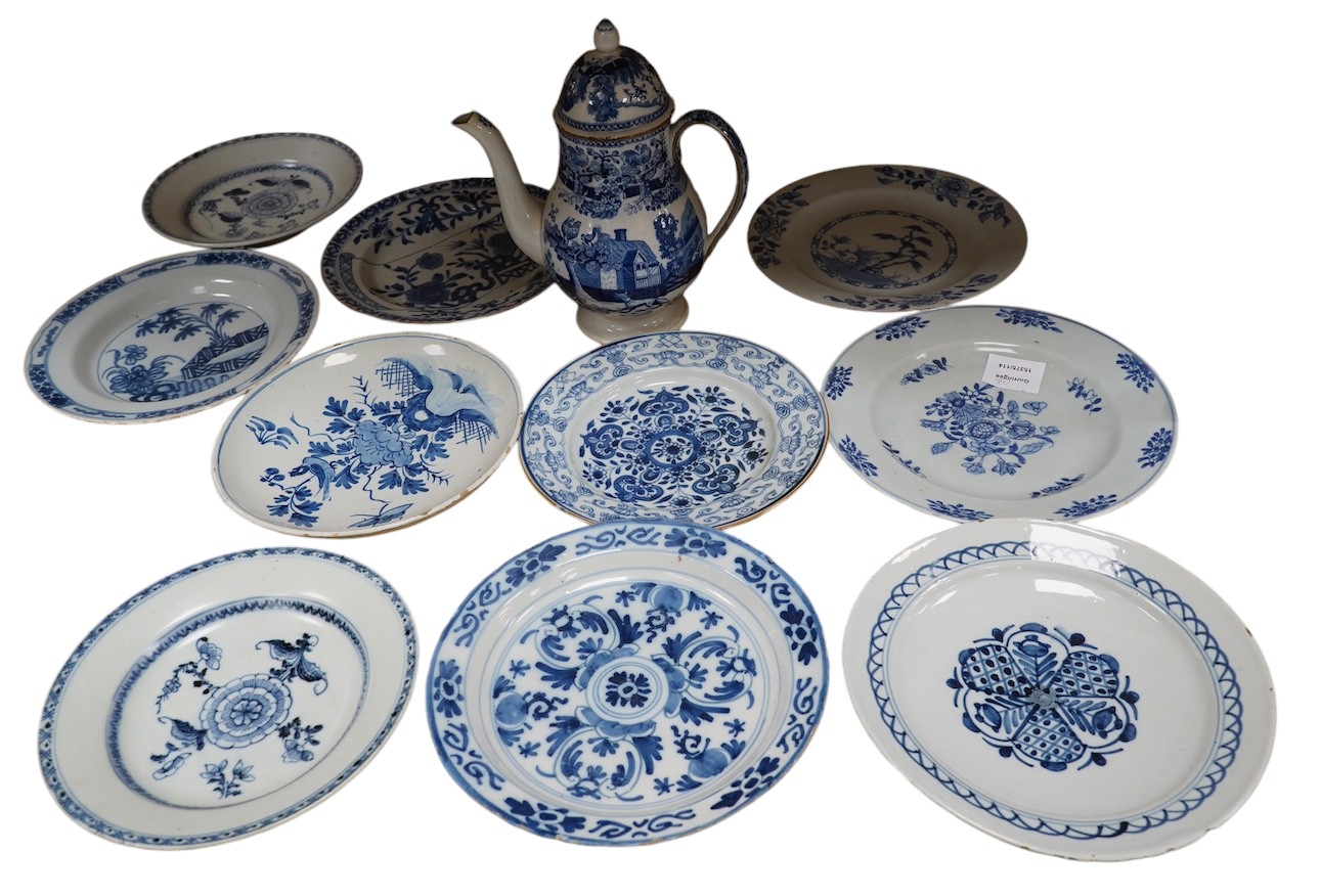 Ten various blue and white dishes including Chinese and Delft and a Staffordshire blue and white coffee pot and cover (11). Condition - fair